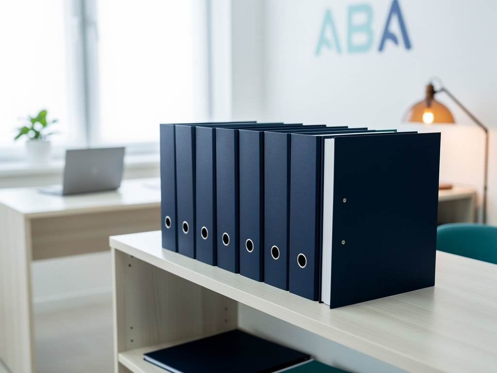 Neatly labeled-free navy binders and folders lined up on a pale wood shelf in soft daylight.