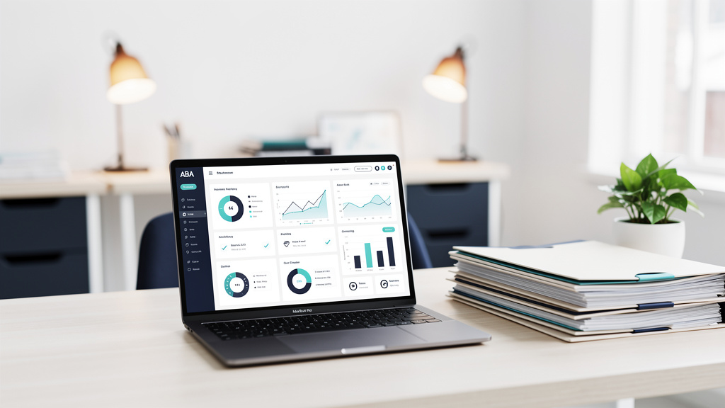 A laptop on a pale wood desk displaying an abstract dashboard of charts and checkmark icons in navy and teal, with a nea