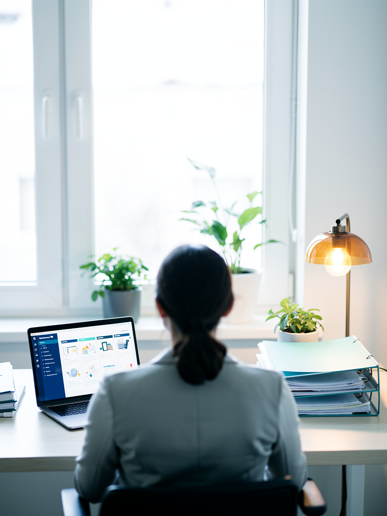 A clinic manager seen from behind at a desk near a sunlit window, reviewing organized files on a laptop, with the face o
